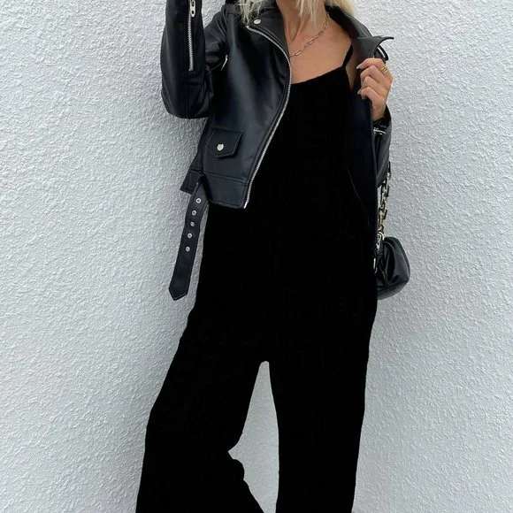 New Striped Print Asymmetrical Hem Cami Jumpsuit Black - Picture 4 of 7